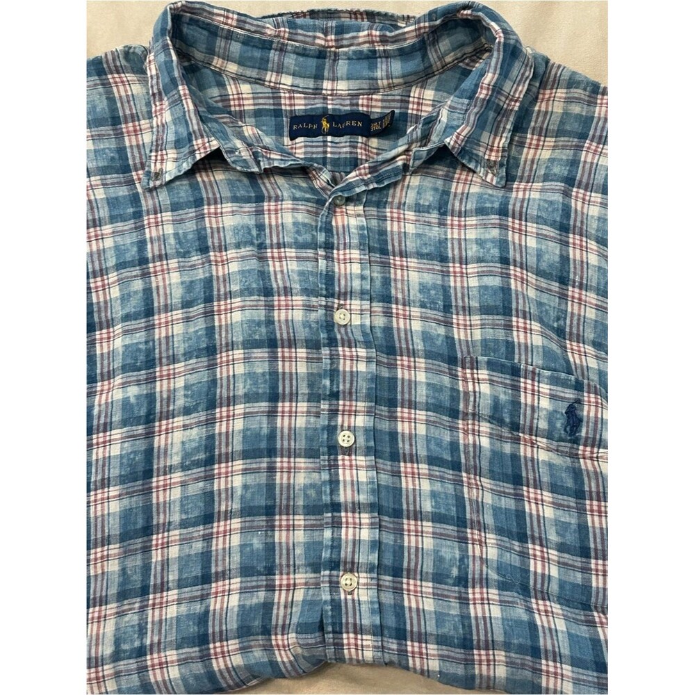 Polo Ralph Lauren Shirt Mens 3XLT Big & Tall Blue Plaid 100% Linen Short Sleeve